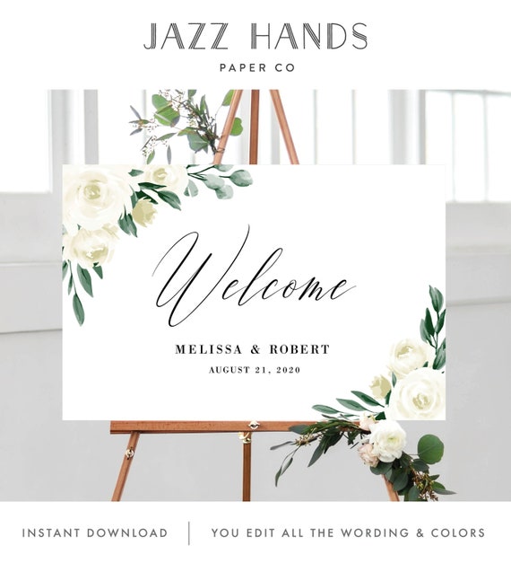 Wedding Welcome Sign Template with Greenery and White Floral Design, Fully Editable Colors and Wording with Templett, 139V1 Il_570xn