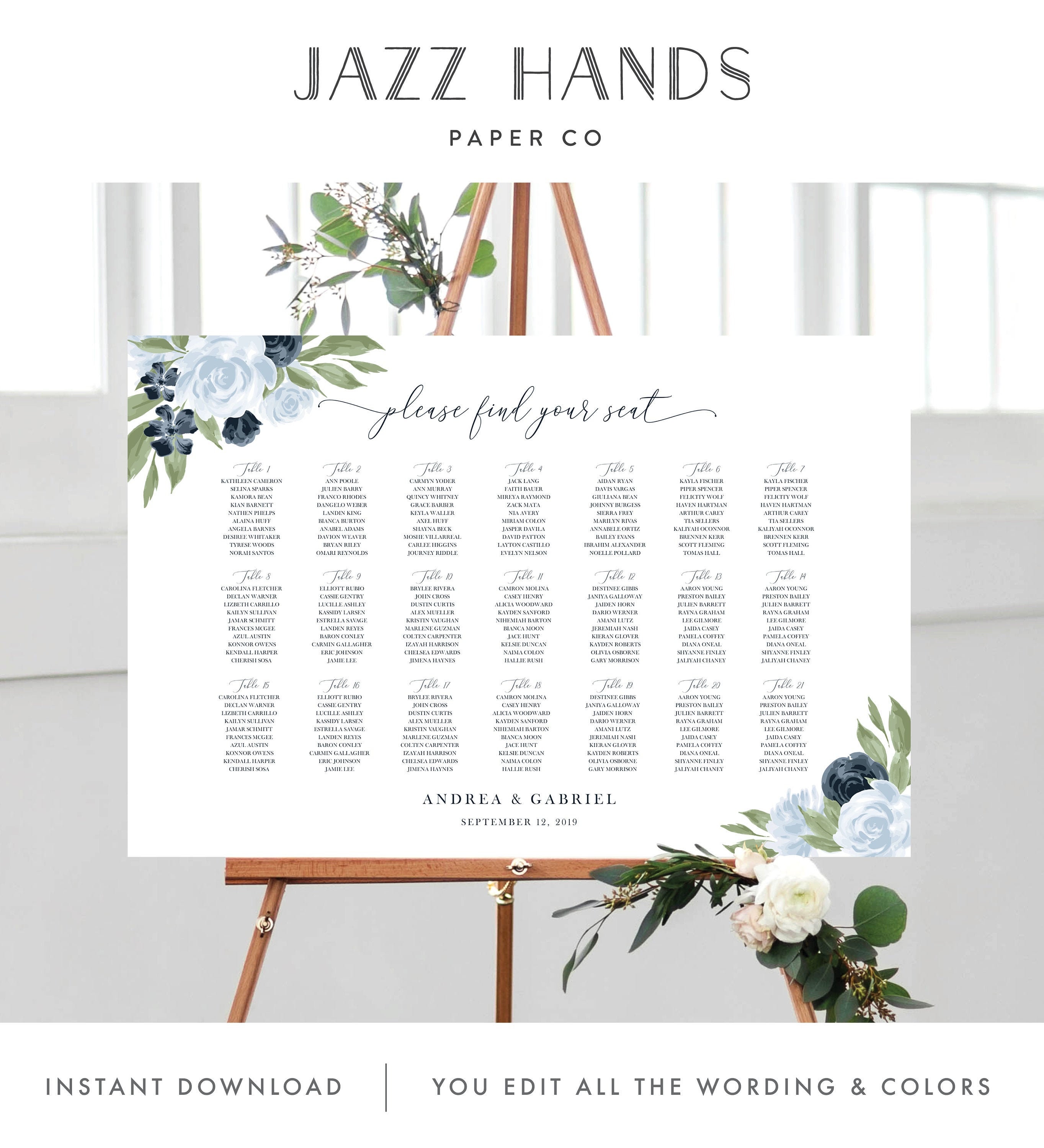 Wedding Seating Chart Template With Dusty Blue and Navy Floral - Etsy Norway