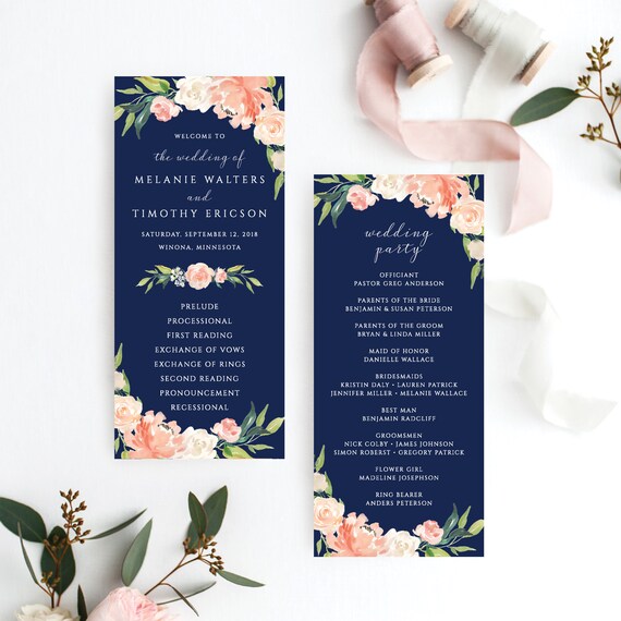 Wedding Program Template, Instant Download, Edit with Template, 4x9, Navy and Blush Floral, Ceremony Program, Wedding Programs, Tall, 122 Il_570xn