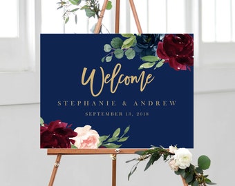 Wedding Welcome Sign Template, Marsala Navy Burgundy Floral, Printable, Wedding Welcome Signs, Instant Download, Templett, 119