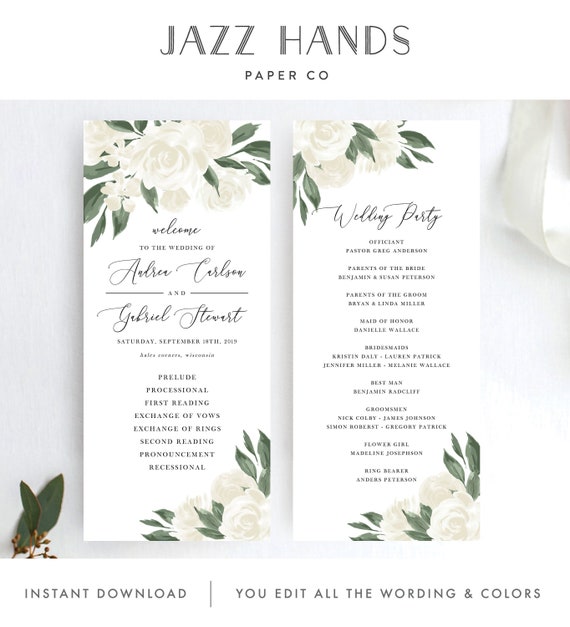 Wedding Program Template With Greenery And White Floral Design