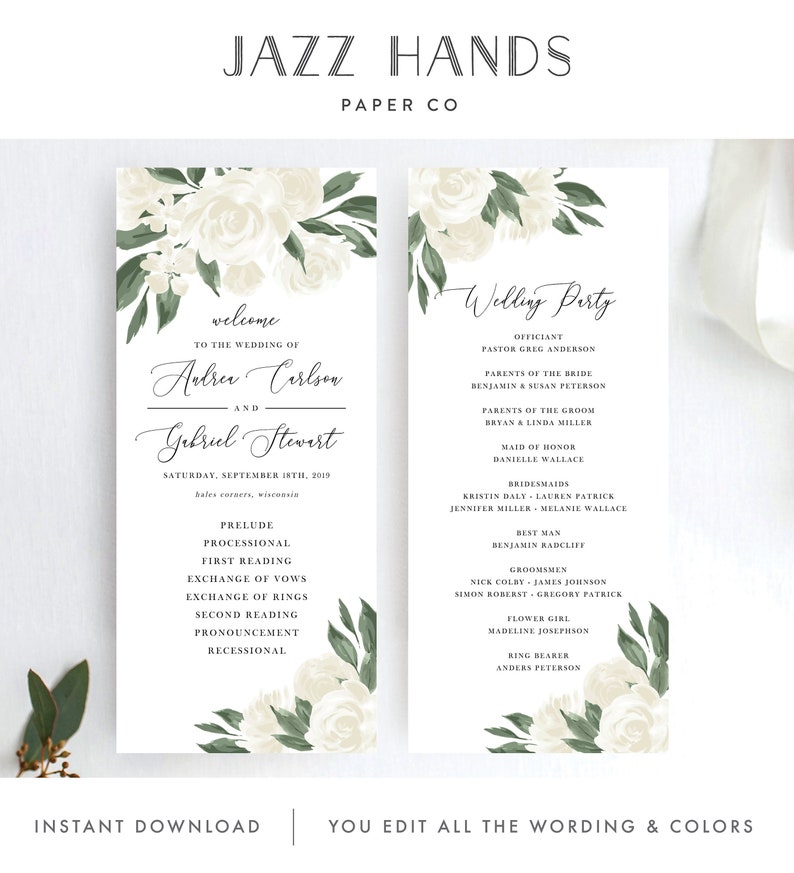 Invitations Wedding Program Greenery With Any Wording Printed