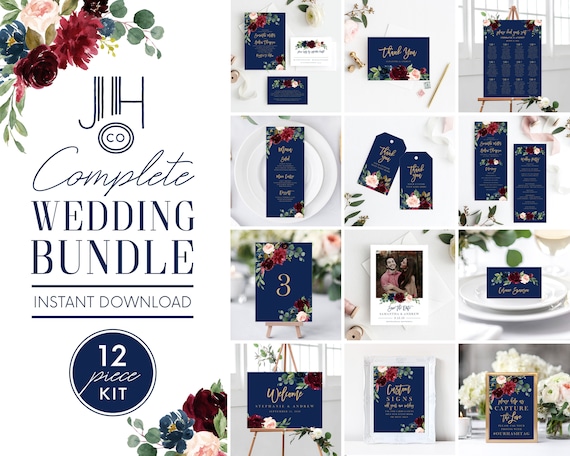 12 Piece Instant Download, Wedding Invitation Template Bundle, Save the Date, Marsala Navy Burgundy Gold Rustic, Wedding Bundle, 119 Il_570xn