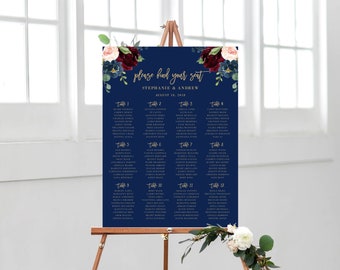 Wedding Seating Chart, Seating Chart Printable, Marsala Navy, Seating Chart Template, Wedding Sign, Instant Download, Templett, 119