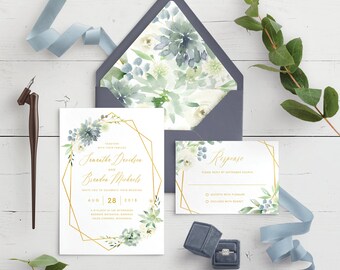 Greenery Wedding Invitation Template, Instant Download, Succulents, Greenery and Gray