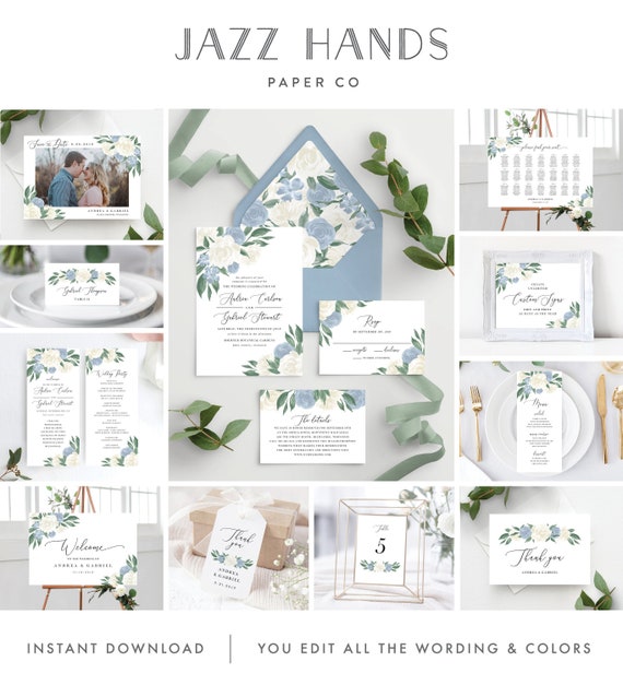 Dusty Blue and White Floral Wedding Invitation Template Bundle with Envelope Liners, Instant Download, Edit with Templett 137V8 Il_570xn