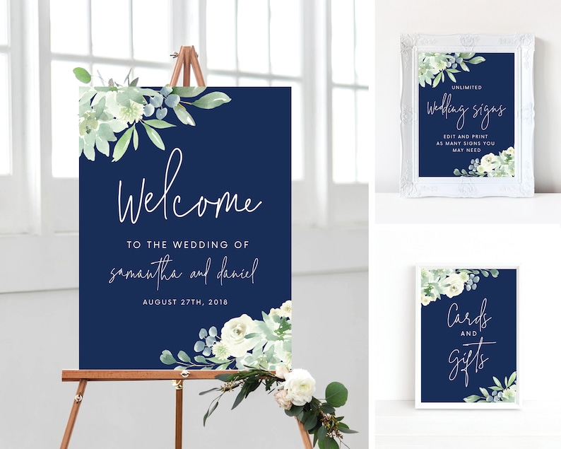 Wedding Sign Bundle Wedding Welcome Sign Greenery Navy Blue image 1