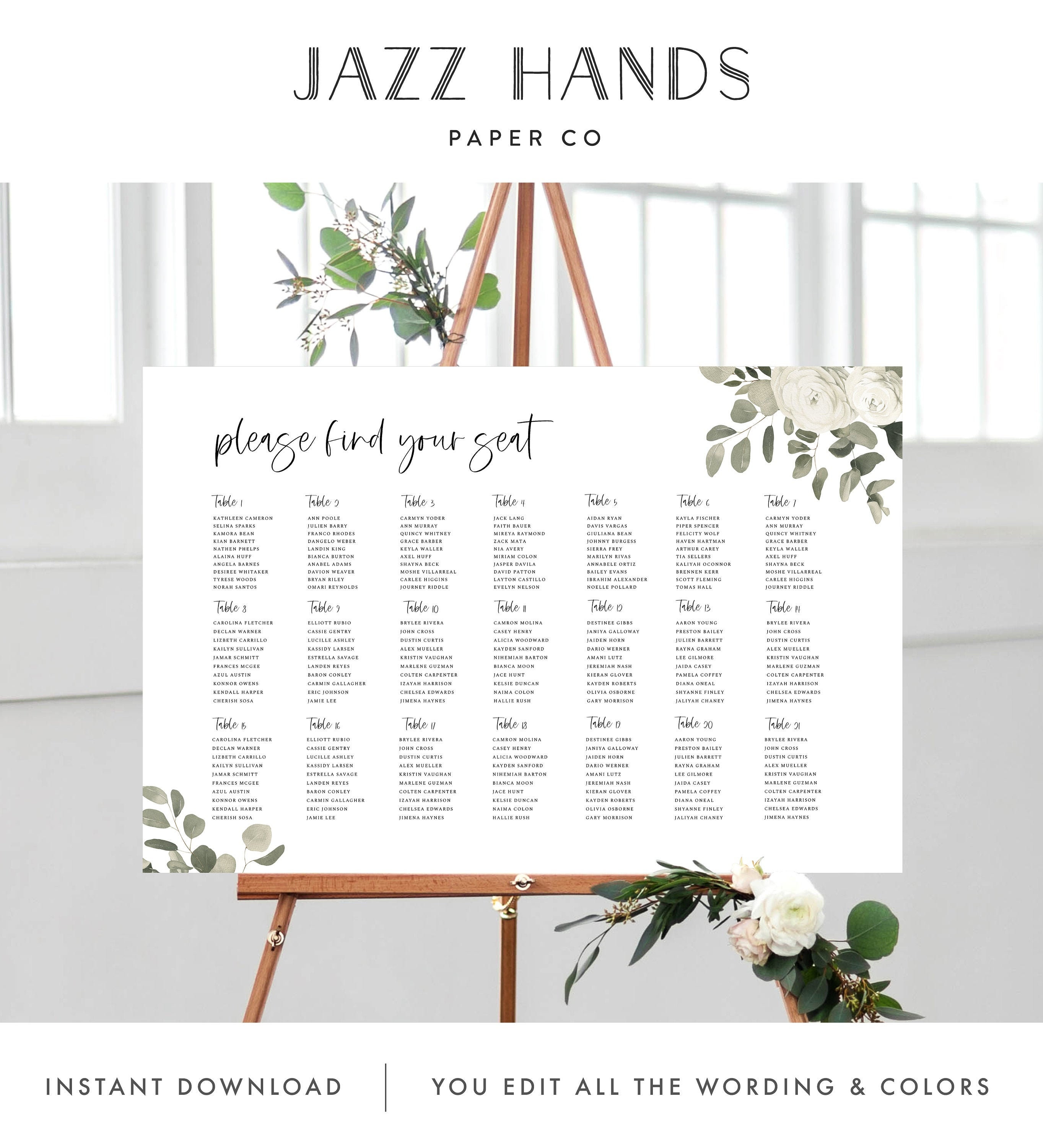 Greenery and White Floral Seating Chart Template Sign 151 - Etsy