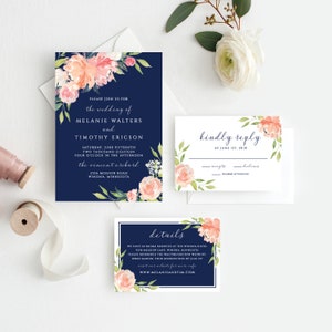 Wedding Invitation Template, Instant Download, Edit with Templett, Wedding Invitations, RSVP, and Details Card, Blush and Navy Floral, 122