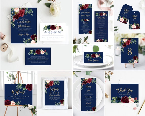 Wedding Invitation Template Bundle, Wedding Invitation Set, Marsala Burgundy and Navy Floral with Gold Script, Edit with Templett, 119 Il_570xn