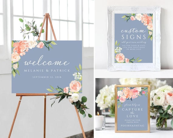 Welcome to our wedding signs, Wedding Signs, template, Dusty Blue Wedding, watercolor, Floral, Welcome Sign, Instagram, 109 Il_570xn