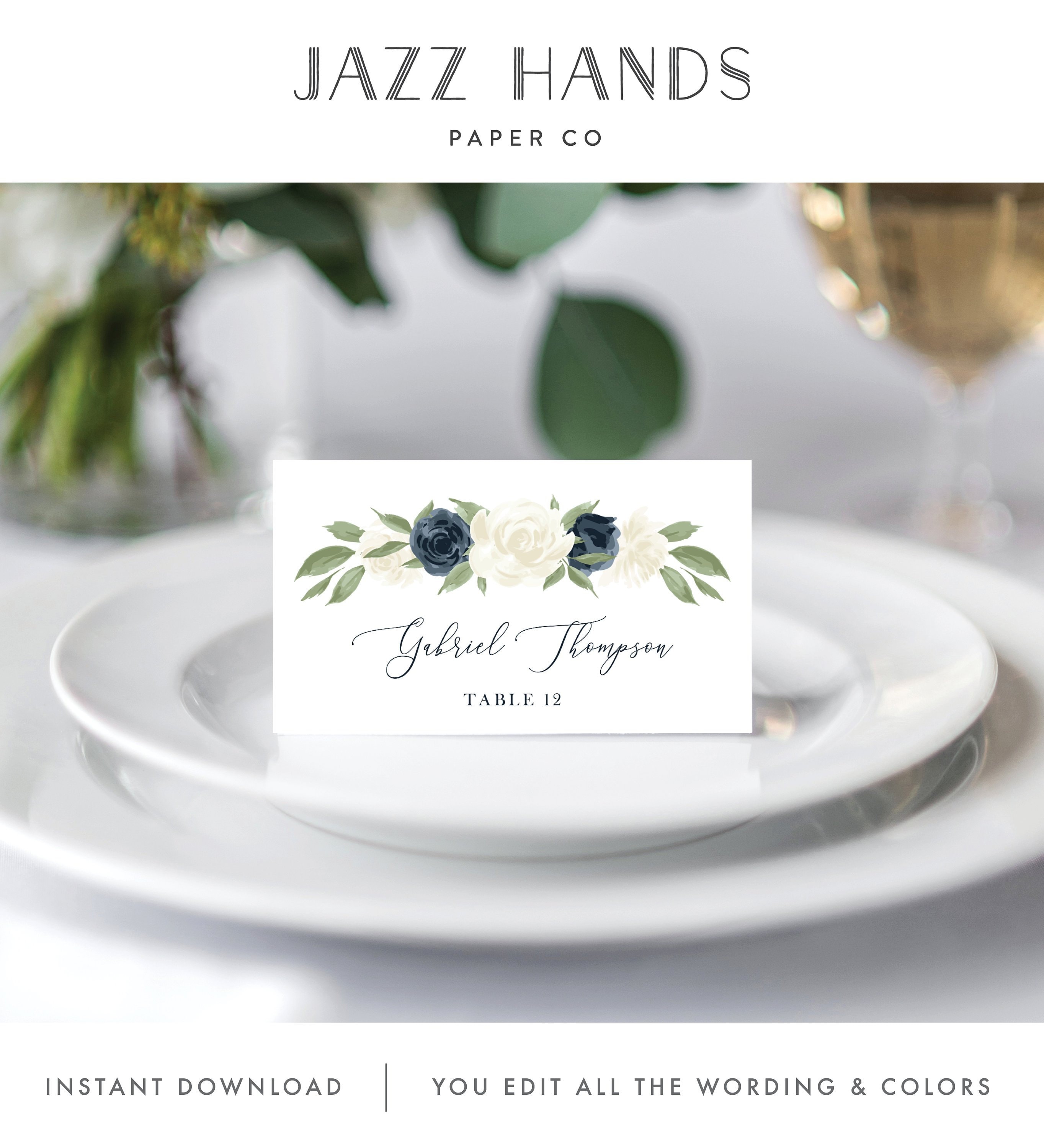 Place Card Template, Escort Card Template, Printable Wedding Place cards,  Wedding Escort Cards, Name Cards, Place Setting, Navy and White Inside Place Card Setting Template