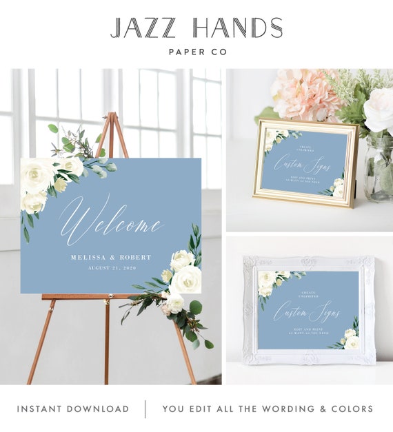 Wedding Welcome Sign Template Bundle, Printable Wedding Signs, Dusty Blue Greenery White Floral, Instant Download, 139V4 Il_570xn