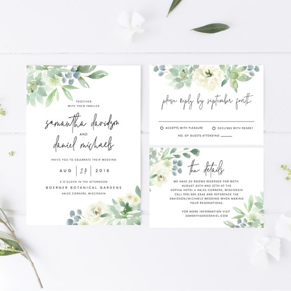 Greenery Wedding Invitation Template Printable Wedding Etsy