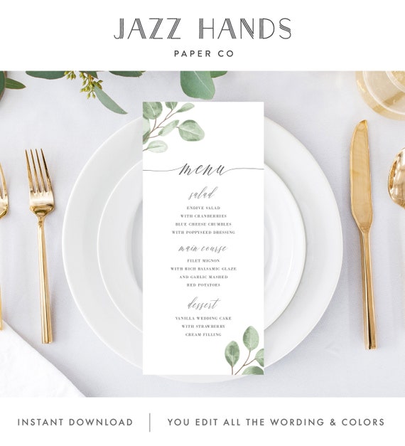 Printable Wedding Menu Card Template Download, Watercolor Eucalyptus ...