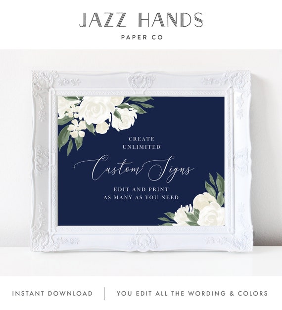 Wedding Sign Template with Navy and White Floral Design, Fully Editable Colors and Wording with Templett, 137V17 Il_570xn