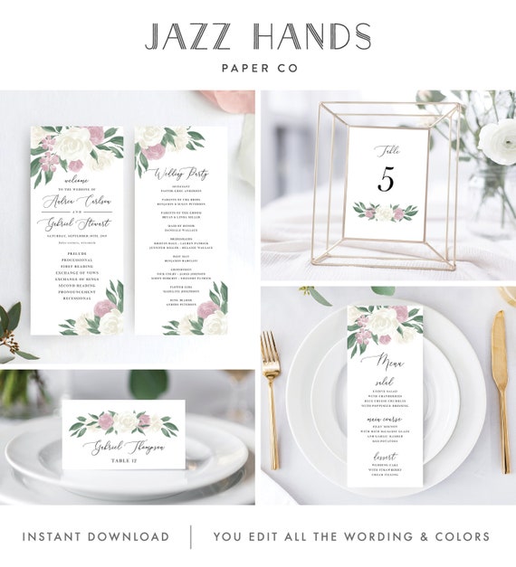 Wedding Day Bundle with Dusty Rose and White Floral Includes Wedding Program, Menu, Place Cards, and Table Numbers 137V9 Il_570xn