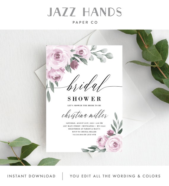 Bridal Shower Invitation Template, Editable Invite Template, Instant Download, Mauve Lavender Purple Floral, 139V2 Il_570xn