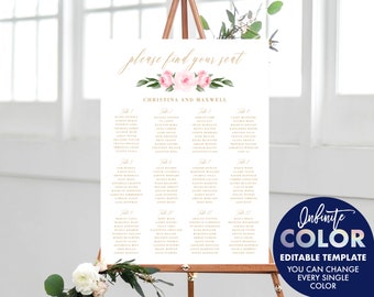 Wedding Seating Chart Template, Colors and Text Fully Editable, Featuring Blush Floral Design with Gold Text, Edit with Templett