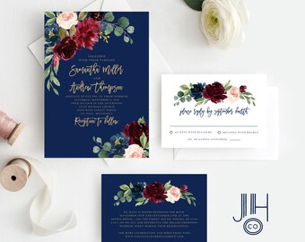 Wedding Invitation Template Instant Download, Marsala Burgundy and Navy Floral with Gold Script for Fall Wedding, Edit with Templett, 119