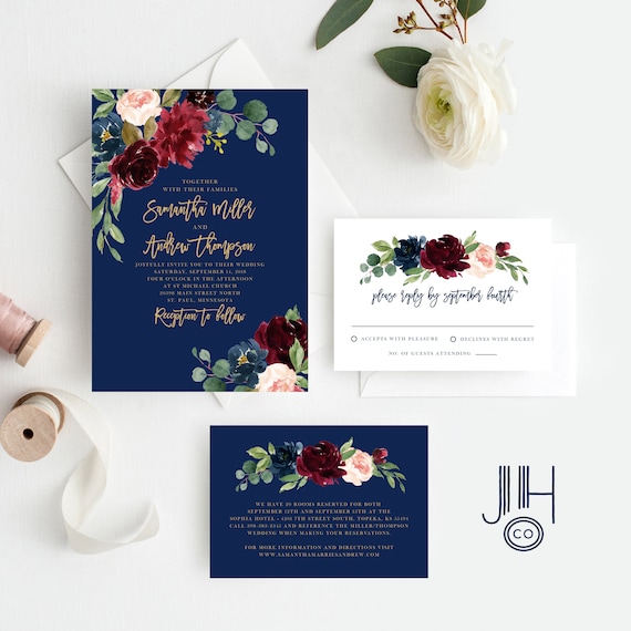 Wedding Invitation Template Instant Download, Marsala Burgundy and Navy Floral with Gold Script for Fall Wedding, Edit with Templett, 119 Il_570xn