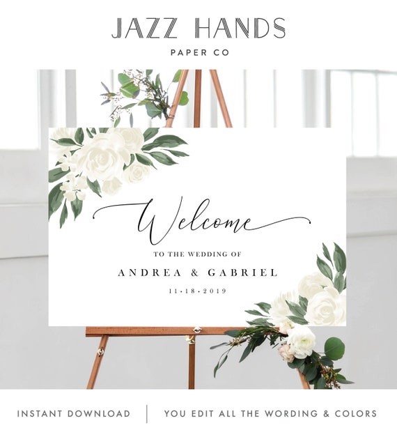 Wedding Welcome Sign Template with Greenery and White Floral Design, Fully Editable Colors and Wording with Templett, 137V12 Il_570xn