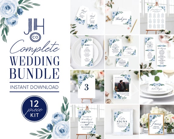 Wedding Invitation Template Bundle Kit, Dusty Blue Floral Wedding Invitation Set, Save the Date Template, Instant Download, Templett, 118 Il_570xn