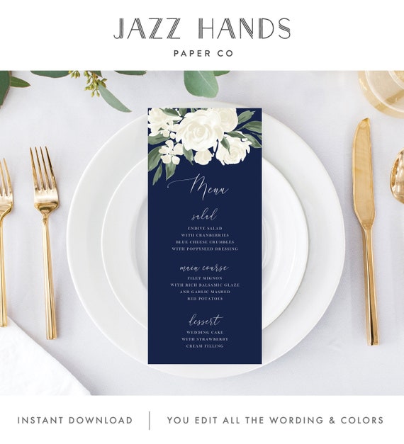 Wedding Menu Template with Navy and White Floral Design, Fully Editable Colors and Wording with Templett, 137V17 Il_570xn