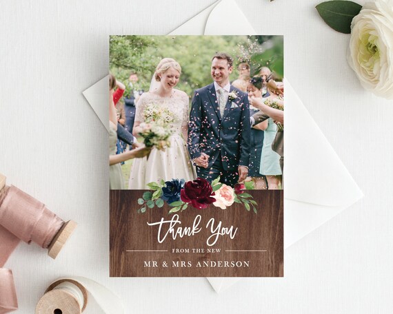 Wedding Thank You Photo Card Template, Thank you cards, Marsala Wood Floral, Thank you Card Template, Instant Download, Templett, 132 Il_570xn