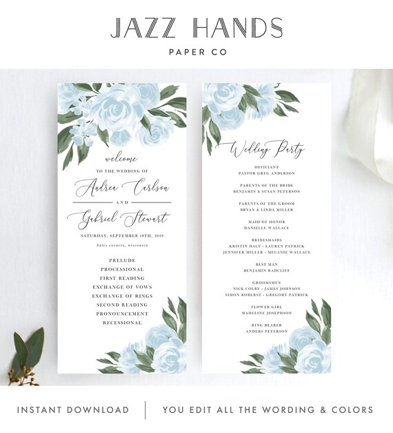 Wedding Program Template With Dusty Blue With Watercolor Floral