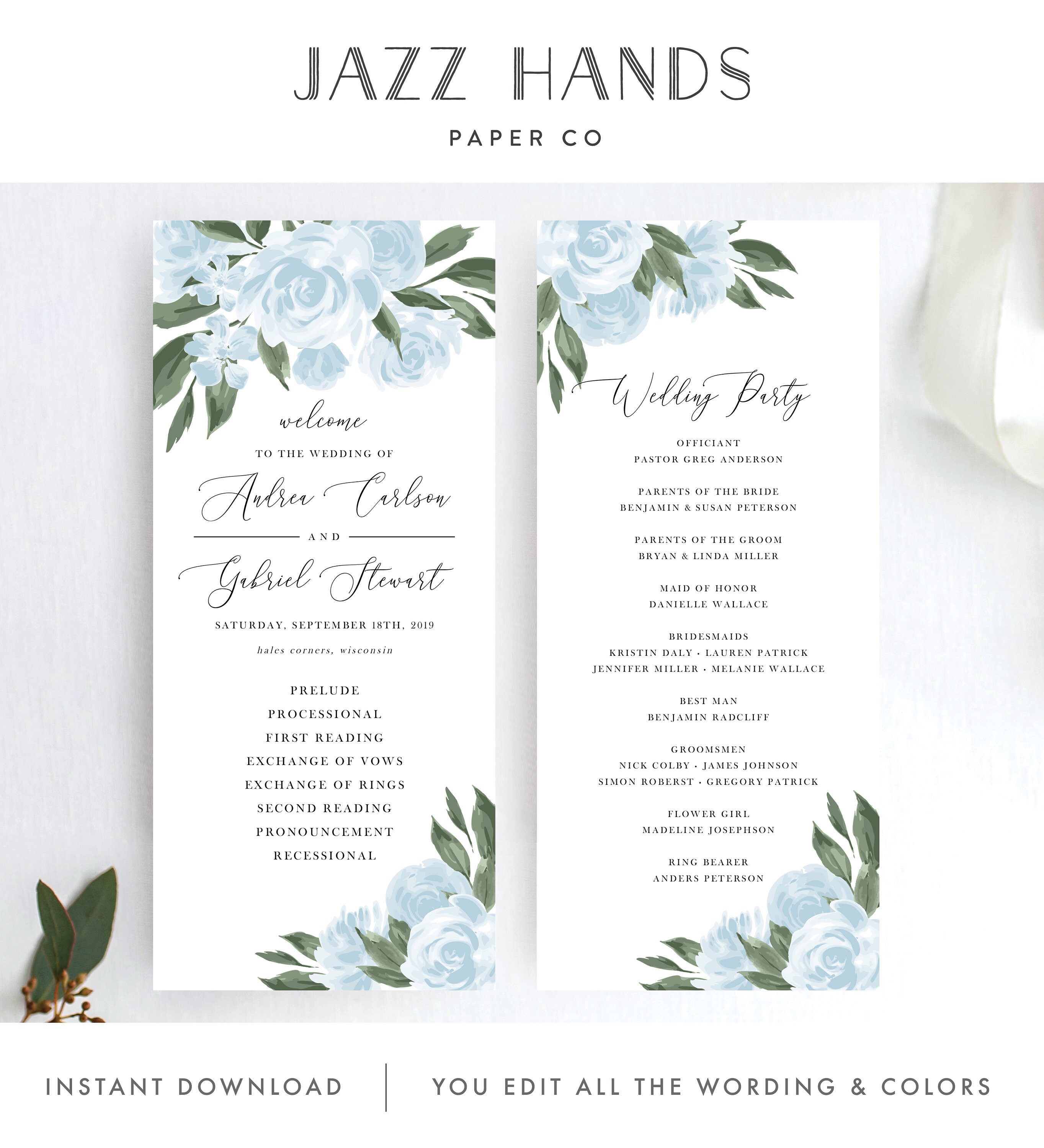 Wedding Program Template With Dusty Blue With Watercolor Floral