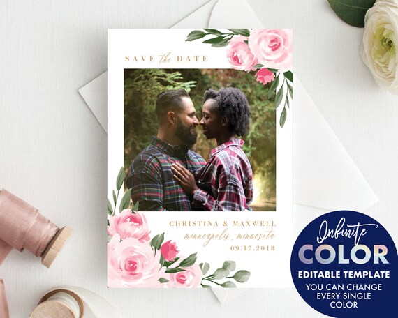 Blush Pink and Burgundy Floral Fully Editable Colors and Wording Photo Save the Date Template