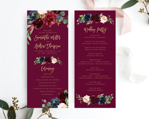 Wedding Program Template, Marsala Burgundy Wedding Programs Template, Printable Program, Instant Download, Ceremony Program, Templett, 120 Il_570xn