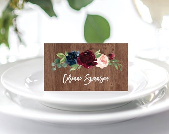 Wedding Place Cards, Place Cards, Rustic Marsala Wedding Place Card Template, Printable Place Cards, Name Cards, Escort Cards, Templett, 132