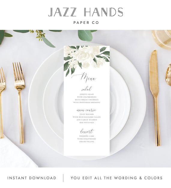 Wedding Menu Template with Greenery and White Floral Design, Fully Editable Colors and Wording with Templett, 137V12 Il_570xn