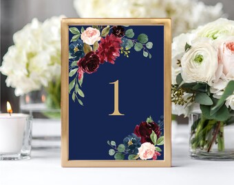Printable Marsala Wedding Table Number Template, Table Numbers Printable, Reception, Table Number, Wedding, burgundy navy, Wedding Table 119