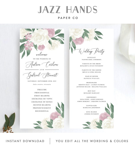 Wedding Program Template with Dusty Rose and White Floral Design, Fully Editable Colors and Wording with Templett, 137V9 Il_570xn