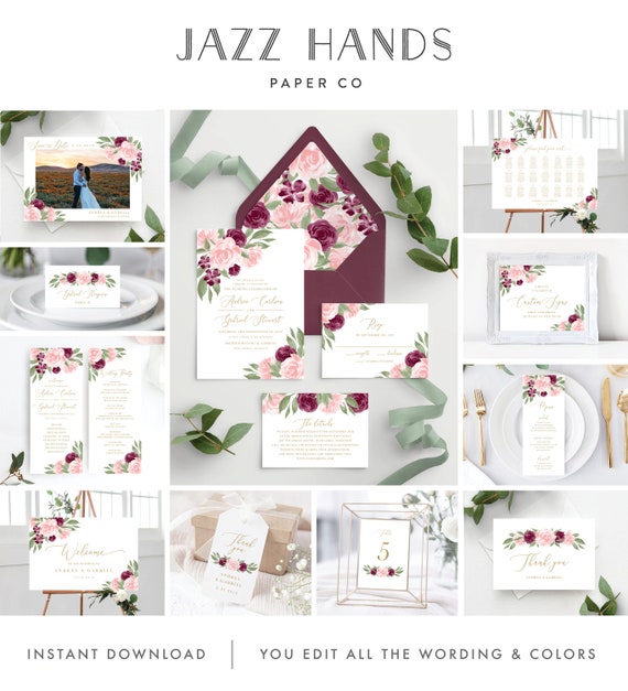 Burgundy and Blush Wedding Invitation Template Kit, Save the Date, Envelope Liners, Programs, Welcome Sign, and More! Il_570xn