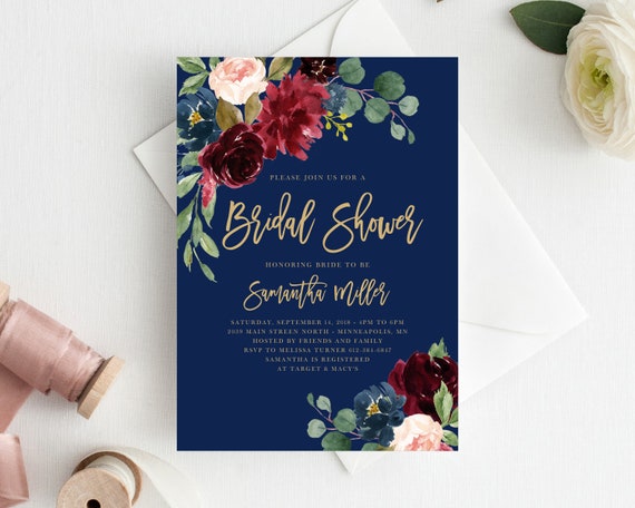 Bridal Shower Invitation Template, Marsala Navy Bridal Shower, Printable, Bridal Shower Invite, Instant Download, Templett, 119 Il_570xn