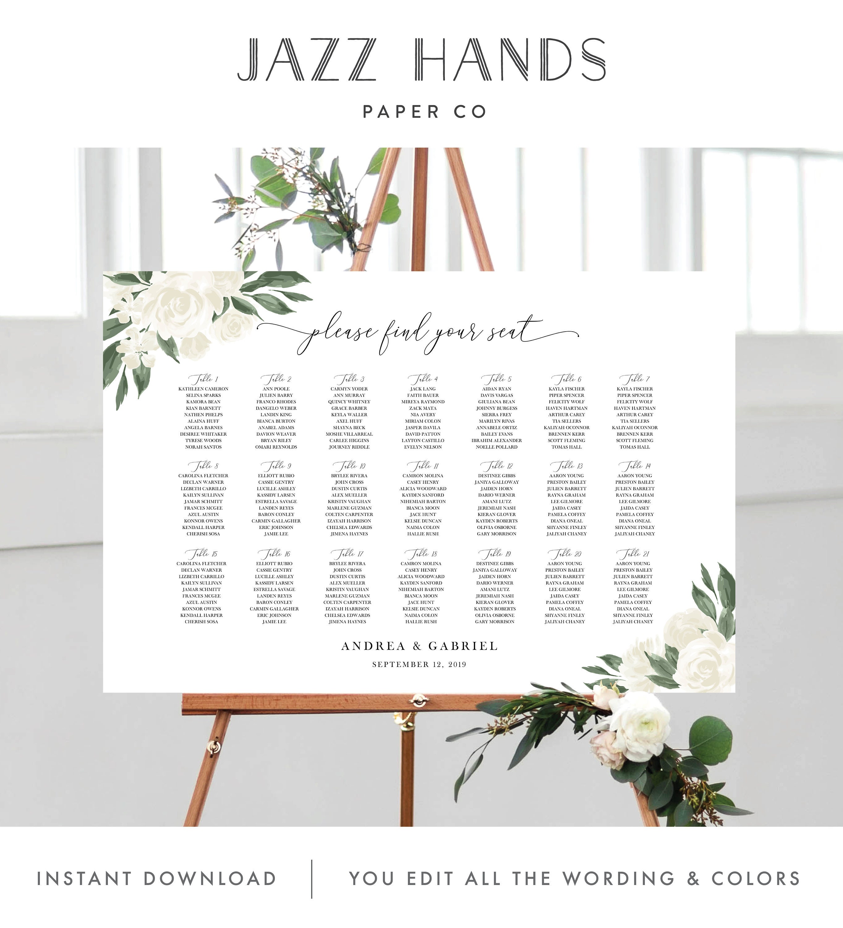 Wedding Seating Chart Template With Greenery and White Floral