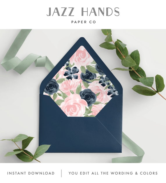 Printable A7 Envelope Liner with Blush Pink and Navy Floral for