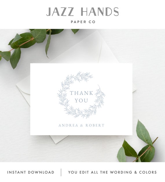 Thank You Card Template, Minimal Leaf Calligraphy, Fully Editable Colors and Wording with Templett, Olivia in Dusty Blue Il_570xn