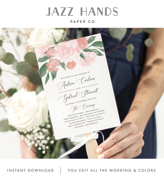 Wedding Program Fan Template With Pink And Coral Floral Design