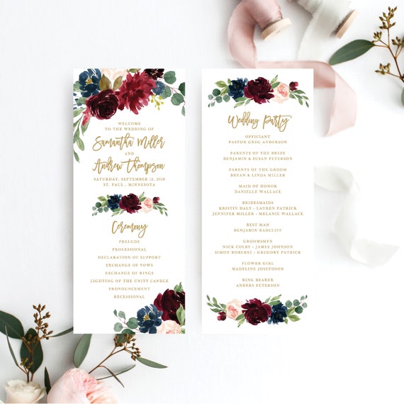 Wedding Program Template Marsala And Navy Wedding Programs