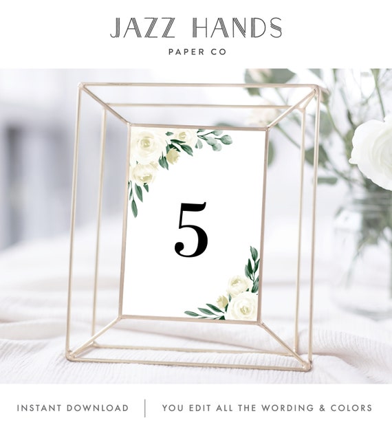 Table Numbers Template with Greenery and White Floral Design, Fully Editable Colors and Wording with Templett, 139V1 Il_570xn