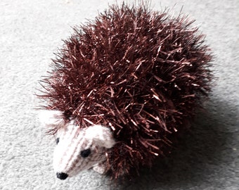 Little Hand Knitted Hedgehog "Bracken" in Sparkly Dark Brown Tinsel Wool 14cm Long