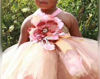 Pink cream and brown flower girl dress with match headpiece Bridal dress, wedding dress, formal dress, flower girl tutu, infant tutu dress