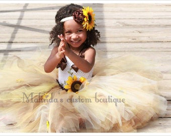 Sweet sunshine, sunflower dress with matching jeweled sunflower headband , flower girl, bridal dress ,birthday, flower girl, pageant dress