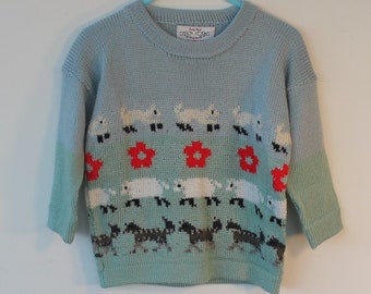 Farm yard animal jumper with leaping lambs and sheep dogs for a  18m - 2 yr old, unisex, fairisle style ,gift idea.