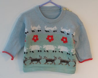 Spring jumper with leaping lambs and sheep dogs for a one year old ,unisex, gift idea, spring gift idea